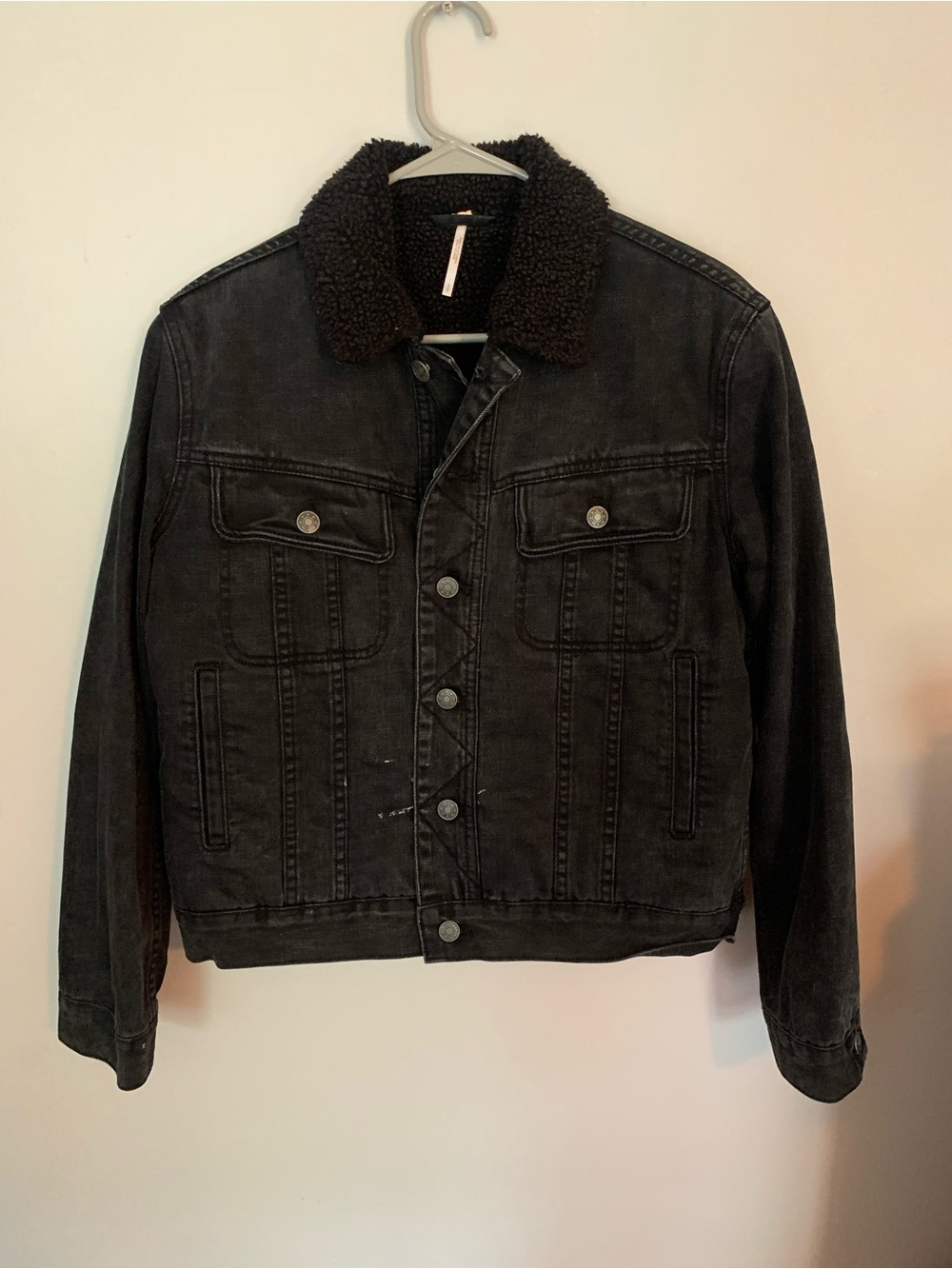 Free People Custom Black Sherpa Collar Denim Jacket, size small